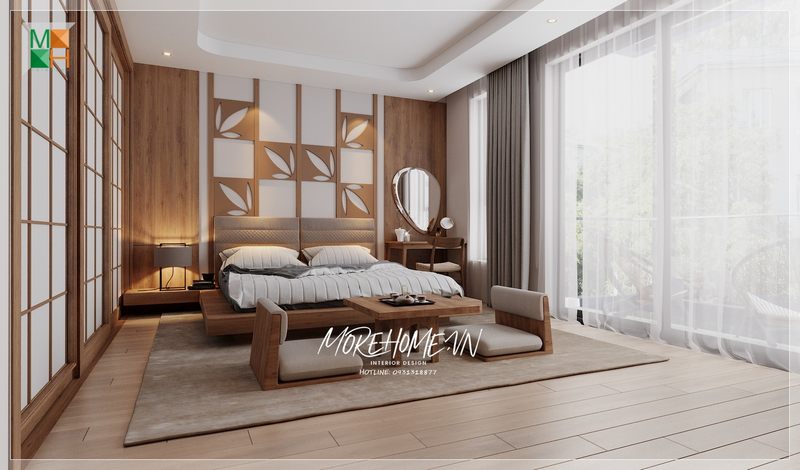 Bộ bàn ghế trà bệt có phong cách Nhật đơn giản nhẹ nhàng, góp phần tạo nên một không gian thoải mái.