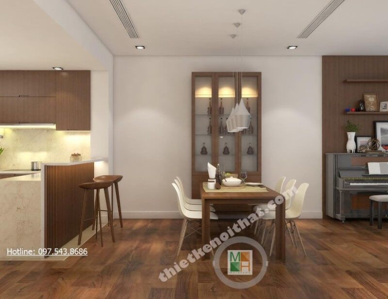 Nội thất phòng ăn chung cư được trang trí theo phong cách hiện đại, tạo ra những ấn tượng sâu sắc.